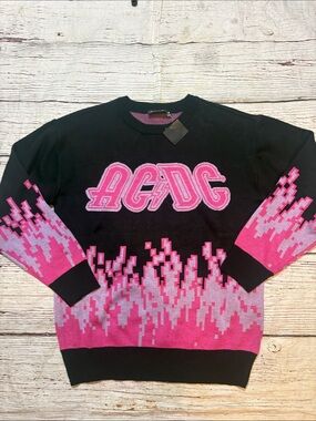 AC/DC Black and Pink Pixel Flame Crewneck Sweater